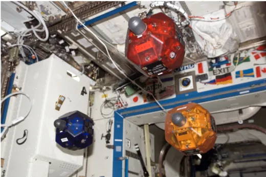 Figure 1-4: Three SPHERES in formation on the ISS [1]