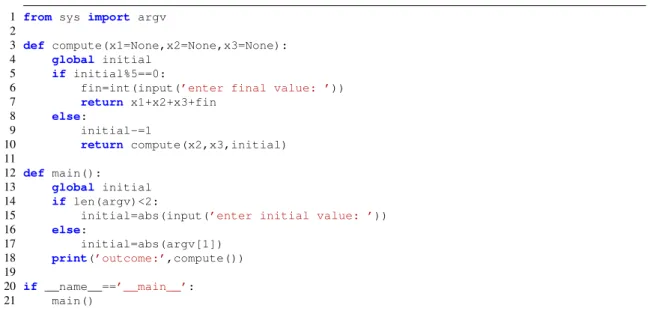 Figure 1.1 shows a small example program that takes user input either from the screen or as command line arguments and calculates a result based on this and further input