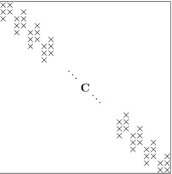 Figure 3.5: Sparsity pattern of the coupling matrix C. ×-symbols on the diagonal are simply 1-s, while those out of diagonal depends on the particular matrix A.