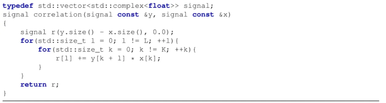 Figure 1: A correlation of two complex vectors. For the inner loop, 8 ﬂoating point operations are required, two for the complex addition and 6 for the complex multiplication