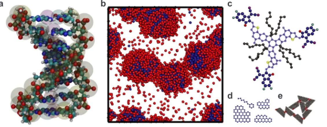 Fig. 10. a) Coarse-grained DNA initialized directly from sequence of nucleobases using the model from [125], b) Micelle self-assembly from a coarse-grained model of fullerene and their oxides, c) truxene molecule with electroactive components core and thre