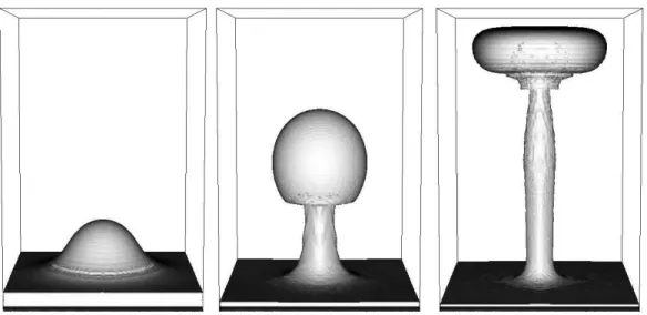 Fig. 1. Plume raising for the deeper Earth’s mantel. Surface shows the interface between the Earth mantel and deep mantel material defined by the level set function.