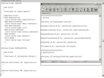 Fig. 6. A window with an Ontolingua fragment of AKT Reference overlapped by asmaller window showing a partial translation of this in Prolog clauses.