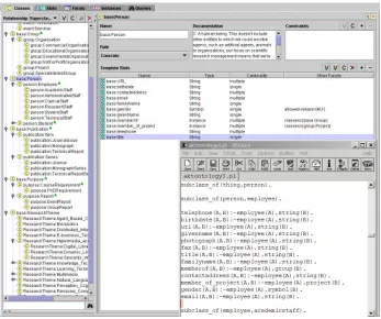 Fig. 7. A window with a Prot´eg´e fragment of Soton overlapped by a smaller windowshowing a partial translation of this in Prolog clauses.