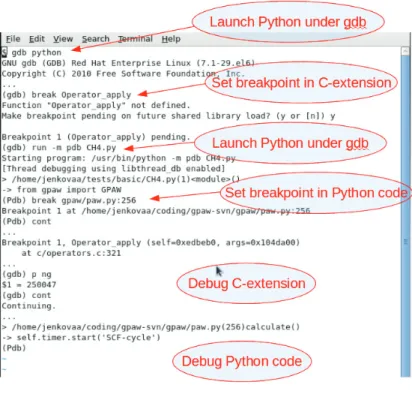 Figure 2: Debugging both C-extensions and Python code with gdb and pdb.