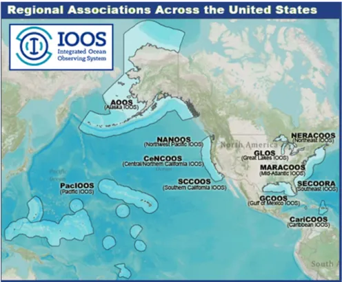 Figure 1. IOOS is a NOAA-led partnership between 11 Regional Associations (shown here) and 17 federal agencies with a wide range of observed and modeled data products distributed via a system of web service providers and a centralized catalog of metadata.