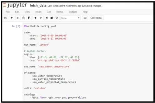 Figure 4. Screenshot from the beginning of the Fetch Data notebook, where the user specifies the date range, region, parameter of interest, and CSW catalog endpoint to search for data.