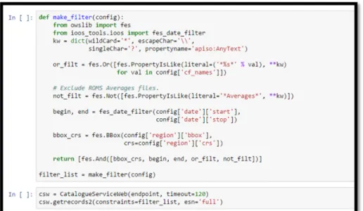 Figure 5. Screenshot from a section of the Fetch Data notebook, illustrating the complex construction  of filters used to search only for datasets with specific variable names, bounding box, and temporal  extent.  Here  we  additionally  exclude  datasets 