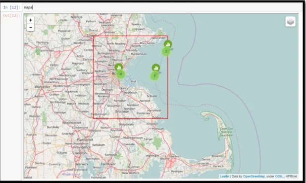 Figure 7. Screenshot from a section of the Map Display notebook, showing the region searched, the observational station locations, and the number of model datasets found at each station location.
