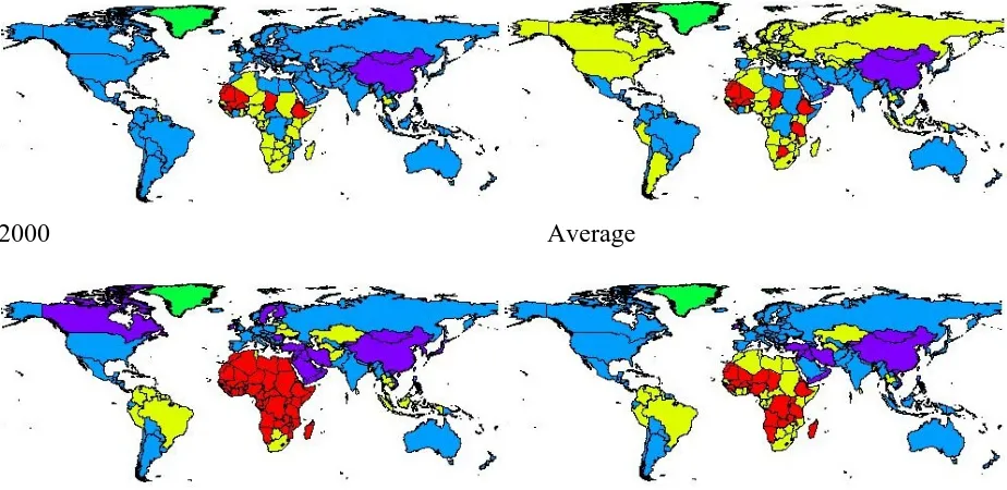 Figure 5. The national total economic impact of climate change in three selected years and averaged over the 20th century; purple: impact > 1% GDP; blue: impact > 0% GDP; yellow: impact < 0% GDP; red: impact < -1% GDP; green: no data