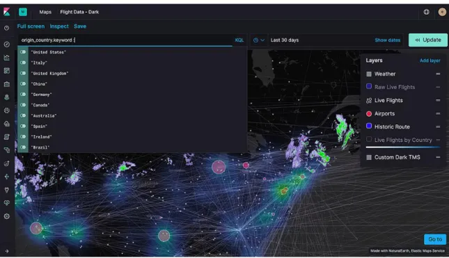 Figure 11 Geospatial Analysis, https://www.elastic.co/products/kibana/features  