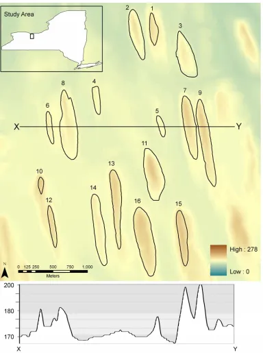 Figure 2.1. Digital elevation model (DEM) of study area, including 16 drumlins analyzed in this study