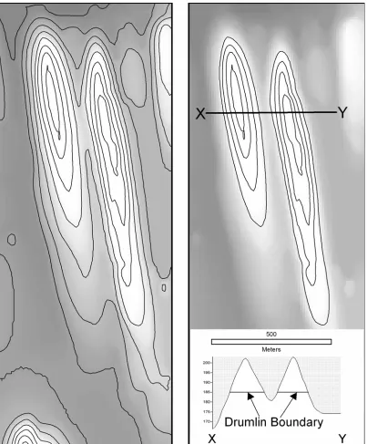 Figure 2.2. Illustration of technique (at least three enclosed contour lines) used to identify and extract drumlins using  a contoured DEM