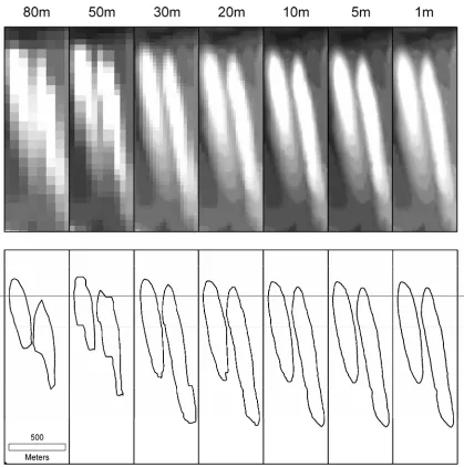 Figure 2.5. Variations of drumlin shape and size caused by changes in grid cell size. Note that subtle changes that  occur between 1 and 20 m and that there more obvious alterations in size and shape at resolutions ≥30 m