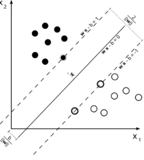 Figure 2.2: Linear SVM: optimal separating hyperplane between positive (black circular points) and negative class (white circular points).