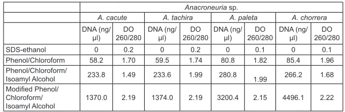 Table 1. Concentrations of DNA extracted from Anacroneuria species using the different methods.