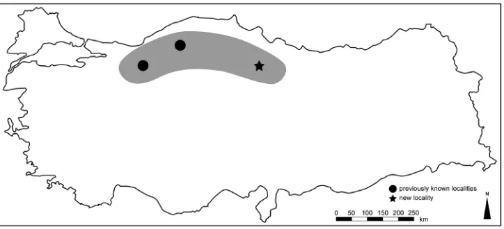 Fig. 8. Map showing the previous and new distribution localities of Cryptocephalus (Heterichnus) loebliSassi, 1997.