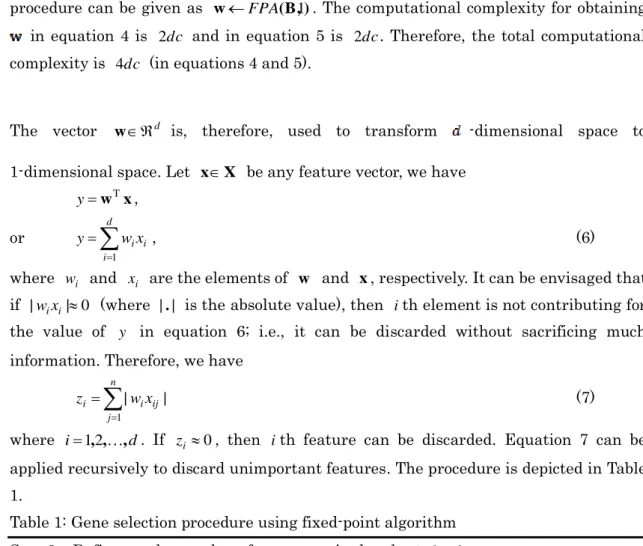 Table 1: Gene selection procedure using fixed-point algorithm  Step 0.  Define  q   the number of genes required and set  l  d 