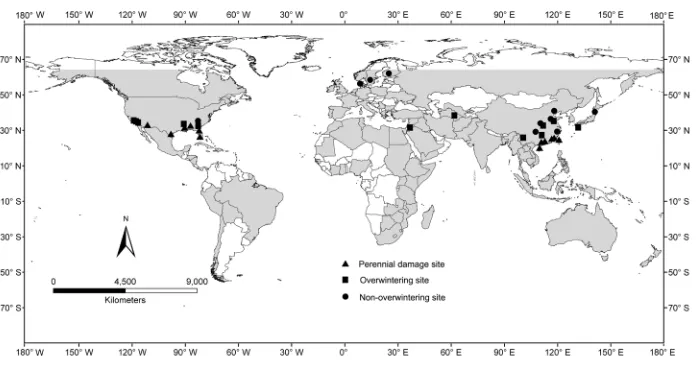 Fig. 1. Geographic distribution of S. exigua (gray background in the map) in the world and population dynamics during winter.