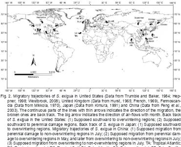 Fig. 2. Migratory trajectories of S. exigua in United States (Data from Trumble and Baker, 1984; Hep-