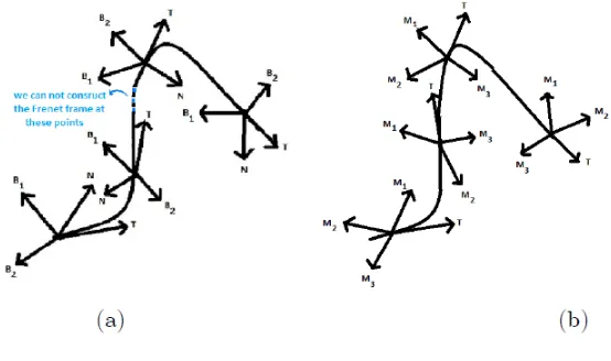 Figure 1:Comparing the Frenet and parallel transport frames.The Frenet frame which is undeﬁned at the some points