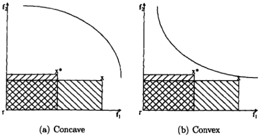 Figure 5.8:  Volume dominance. In the case of the convex front,  both points should  be regarded as equally good instead of X being evaluated as better  than X* 