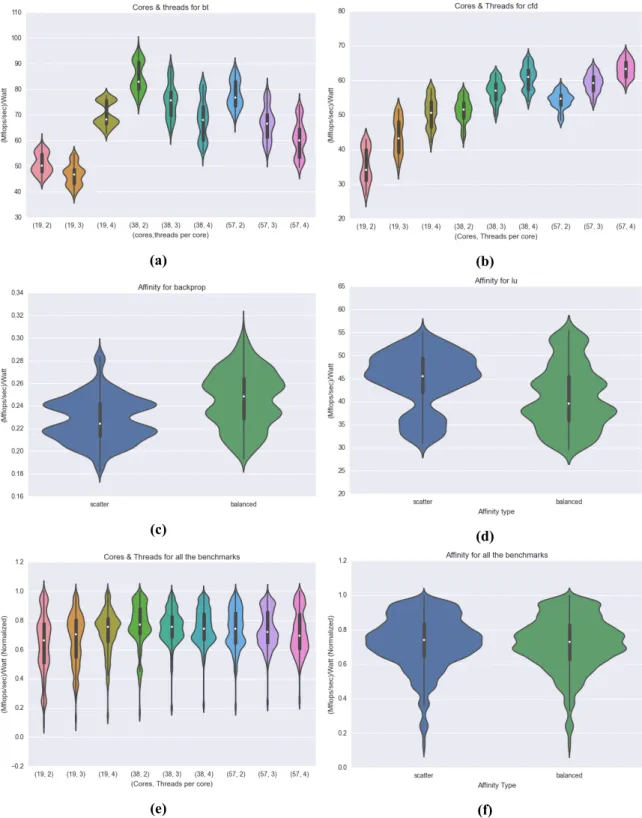 Figure 3.5: Violin plots for the affinity and cores-threads tuning parameters.