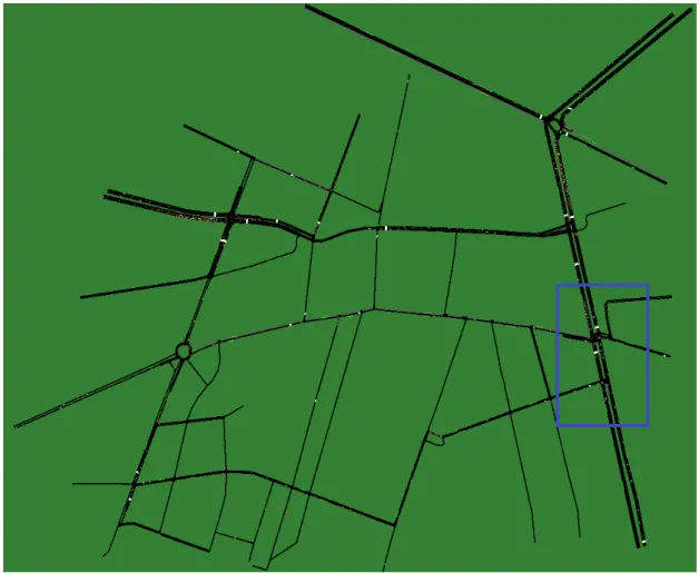 Figure 5.2: The Andrea Costa traffic map simulated by SUMO, the intersections where are optimized using the proposed algorithms are covered in the blue box.