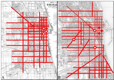 Figure 1. Schemes of the spatial scaling method application taking as the example the development of the Chicago historical center composite frame in 1862 (A) and 1901 (B)