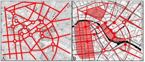 Figure 2. Application of the uniformity of structural changes method schemes based on the example of the composite frame of the historical center of Vienna development in 1872 (A) and 2016 (B)