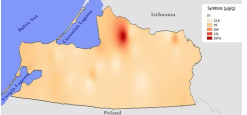 Figure 3. The distribution of nickel in the thalli of H. physodes in the Kaliningrad region, 2010
