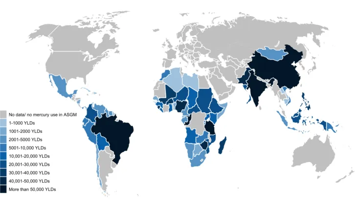 Figure 2. Number of total years lived with disability (YLDs; corresponding to total disability-adjusted life years, DALYs) per country with artisanal small- small-scale gold mining (ASGM) activity, estimated in the minimum scenario (lower number of miners 