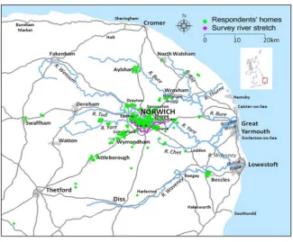 Figure 1. The survey area, survey river stretch and spatial distribution of respondents
