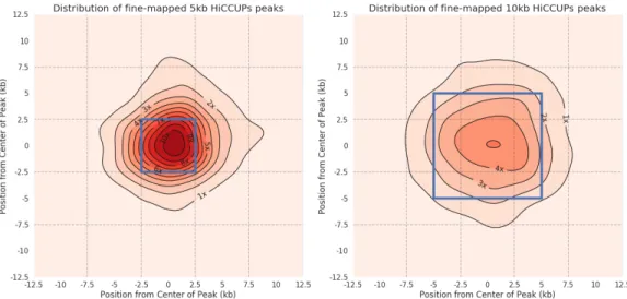 Figure 2.6.5 | Distribution of fine-mapping predictions for different size HiCCUPs peaks  Kernel  Density  Estimation  (KDE)  plots  showing  the  distribution  of  c-SCNN’s  fine-mapping  predictions within GM12878 peaks after extending the original peak 