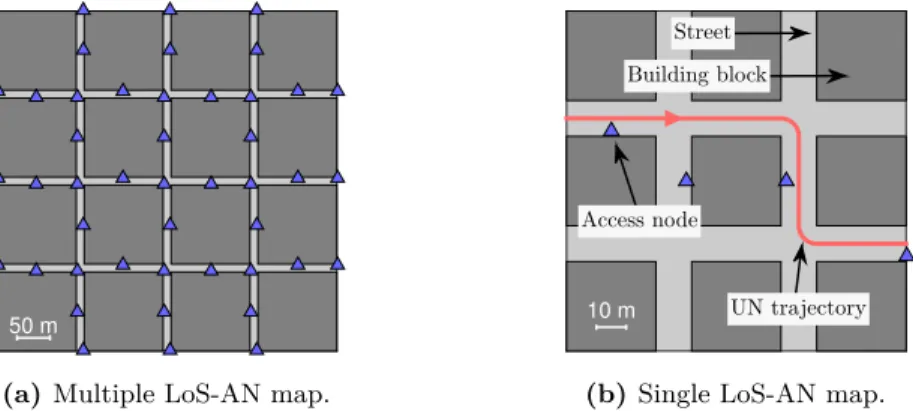 Fig. 5.9. Example maps used for testing the tracking performance of the proposed joint DoA/ToA-EKF.