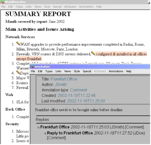 Figure 3: Annotating a Project Summary Report using theAmaya interface to Annotea.