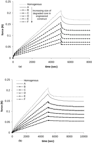 Fig. 4. Predicted force against time curves for the confined compression of homogeneous and inhomogeneous cartilage constructs