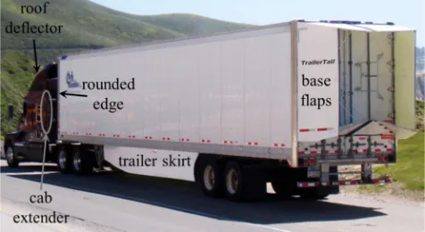 Figure 1. Example of straight trailer base flaps and other aerodynamic drag-reduction devices [2] (used with permission, ATDynamics/STEMCO)