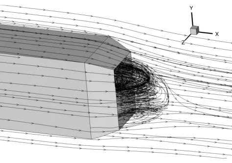 Figure 2. Time-averaged 3-D computational solutions of full-scale for (c) and (d). Highway speed, Vsimplified tractor-trailer with and without base flaps, showing reduced region of low pressure