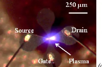 Fig. 11: a) and b) SEM micrographs of the device. The small overlap are between gate and source/drain electrodes reduce the gate capacitance and help achieve higher switching speeds