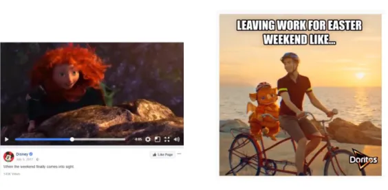 Figure 7 shows examples of memetic content posted by Disney and Doritos. The meme posted  on Disney’s Facebook Page (Disney, 2017) depicts the delight of Princess Merida, the main  character from Disney film, Brave as she sees the top of the rock face she 