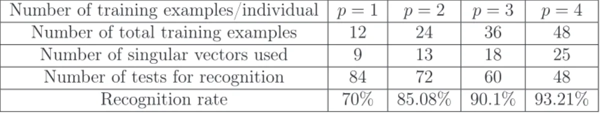 Table 1. Results of panoramic face recognition with spatial representation: the number of singular vectors used corresponds to the mean values obtained with the discriminant analysis algorithm during several executions.