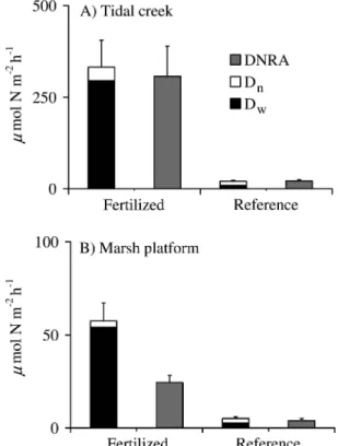 Fig. 1. In situ rates of nitrate reduction pathways in the surface sediment. In situ rates of denitrification of water column nitrate (D w ), coupled nitrification–denitrification (D n ), and dissimilatory nitrate reduction to ammonium (DNRA) in (A) the su