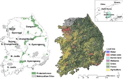Figure 2. Distribution of the protected areas (left) and land use (2009) and topography of South Korea (right)