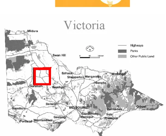 Figure 3.1: Map of Australia, Victoria and location of the test site (from Aigner, 1999) 