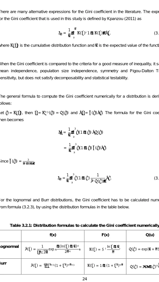 Table 3.2.1: Distribution formulas to calculate the Gini coefficient numerically 
