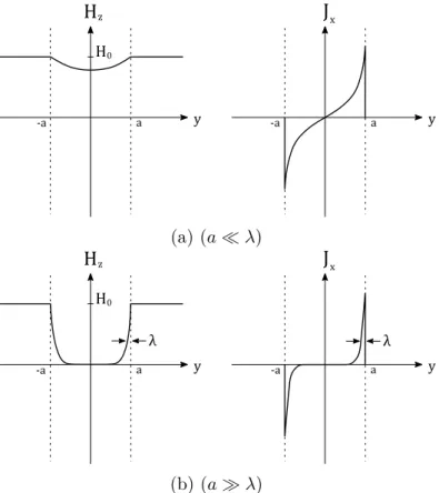 Figure 2.6.3: Magnetic field and current density inside a superconducting slab with thickness a.