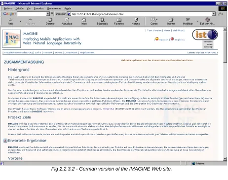 Fig 2.2.3.2 - German version of the IMAGINE Web site. 