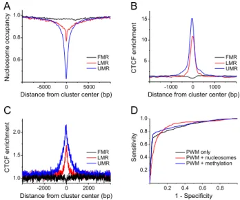Figure 2. CTCF binding in ESCs can be explained solely by the DNA sequence. (A) Average nucleosome occupancy profiles for genomic  gions with different levels of DNA methylation