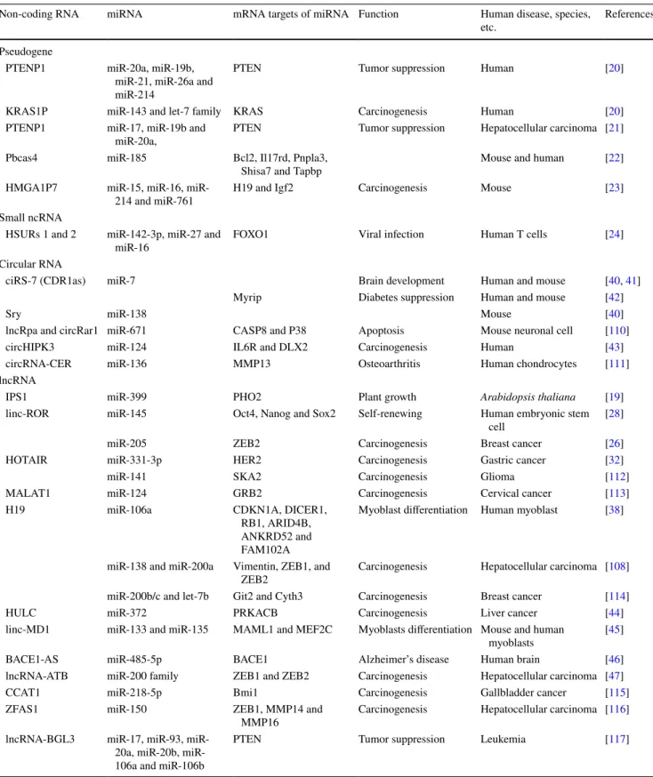 Table 1   Non-coding RNA partners in ceRNA regulatory mechanism